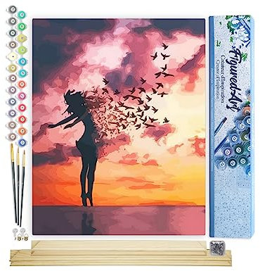 Figured'Art Malen Nach Zahlen Erwachsene Mit Rahmen Frau und Vögel - Paint by Numbers Basteln DIY Bastelset 40x50cm Mit Keilrahmen (nicht gespannt)