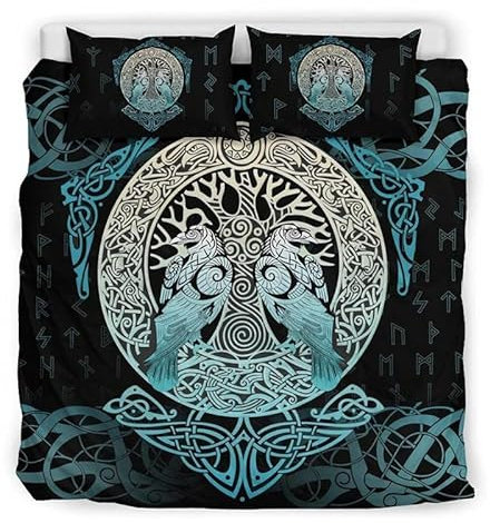 Bettwäsche 155x220cm Baum des Lebens Bettbezug Set 3 Teilig Wikinger Odin Krähe Keltischer Knoten Einzelbett Bettbezug 3D Motiv Modern Weiche Microfaser Mit Reißverschluss und 2 Kissenbezug 80x80cm