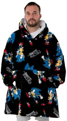 Sonic The Hedgehog Mens Wearable Blanket | Adults Black All Over Print Fleece Hoodie | Cosy 90s Nostalgic Gaming Cartoon Snuggle Hooded Pullover | Game Loungewear Gift for Him