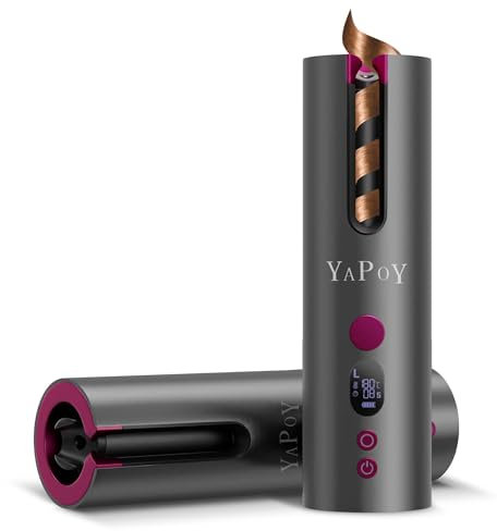 YAPOY Rizador de Pelo Automático Inalámbrico Planchas Rizadoras Automatico Recargables con 5 Temperaturas y Temporizadores, Cámara de Aislamiento Térmico, Pantalla LCD - Gris&Magenta