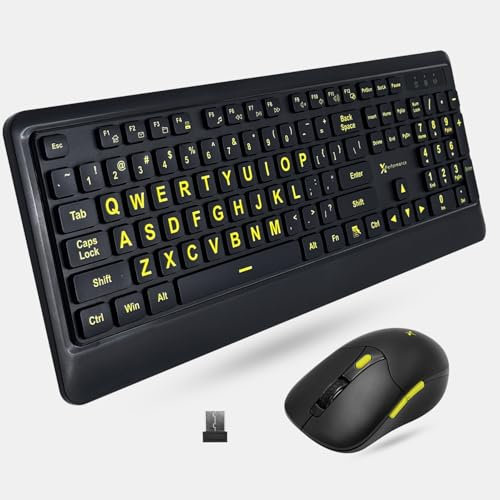X9 Performance Large Print Wireless Keyboard and Mouse Combo - 4X Larger Oversize Yellow Letters for Seniors and Low Vision Users - 2.4Ghz Wireless Mouse and Keyboard Combo for PC