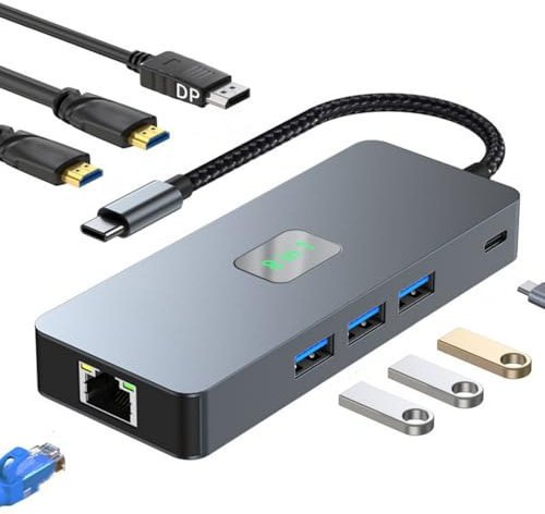 Leehitech Dual Monitor USB C Docking Station, 8-in-1 USB C to Dual 4K HDMI Multiport Hub with 1G RJ45 Ethernet, 5Gbps 3*USB 3.0, DP Port, PD100W Charging for MacBook, iPad, Dell, Surface, Lenovo, HP