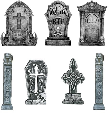 7 Stück Halloween Grabstein Outdoor Deko, 82 cm Schaumstoff RIP Friedhof Hofschilder mit Erdspießen, Groß Halloween Deko Garten Outdoor Friedhof Party, Spukhaus, Rasen im Freien
