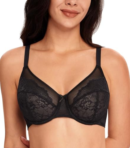 Lemorosy Damen Minimizer BH mit Bügel Vollschalen Große Größen Starker Halt Ungepolster Floraler Spitze BH Große Brüste(Schwarz,75C)