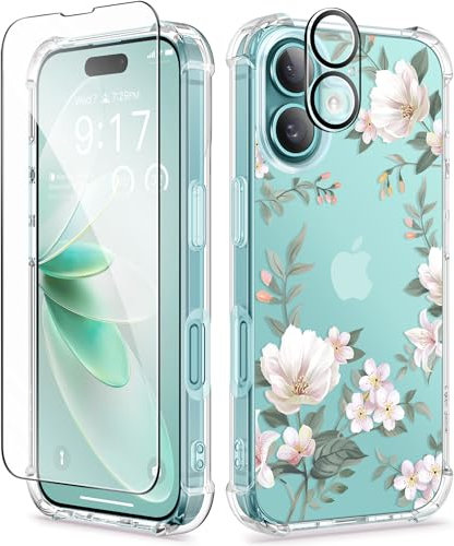 GVIEWIN Compatible with iPhone 16 Case 6.1 2024, with Screen Protector & Camera Lens Protector, Shockproof Drop Protection Anti-scratch Bumper Clear Floral Cover for Women, Magnolia/White