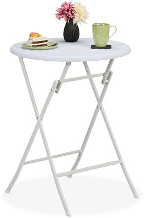 Relaxdays Gartentisch Rattan-Optik, rund, HxD: 75 x 60 cm, Balkontisch, Kunststoff & Metall, Outdoor Tisch, weiß