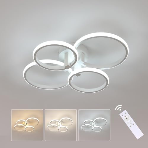 Plafoniera Led Soffitto Moderna, 57W Dimmerabile Lampadario LED Soffitto con Telecomando 3000K-6500K, Plafoniere 4 Rotonda Anello, Bianco Lampada da Soffitto per Soggiorno Camera da Letto Ufficio