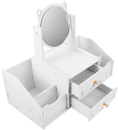 FOMIYES Desktop Makeup Organizer Wood Plastic Board and Glass, with Mirror Vanity Cosmetic Storage Box, for Skincare and Jewellery, Bathroom or Office Counter Organiser