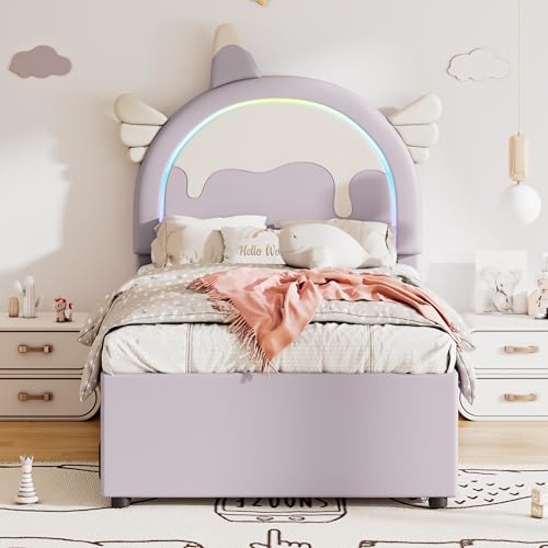 REXO 90×200cm Cartoon Kinderbett, Einhornform, ausgestattet mit ausziehbares rollbett, PU-Material (Violett)