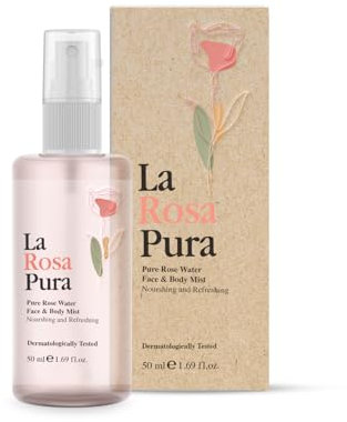 La Rosa Pura Pure Rose Water Face & Body Mist - 100% Organic Steam Distilled Rosa Damascena Hydrating Toner, Natural Skin Cleanser & Moisture Balance, Soothing, Refreshing, All Skin Types