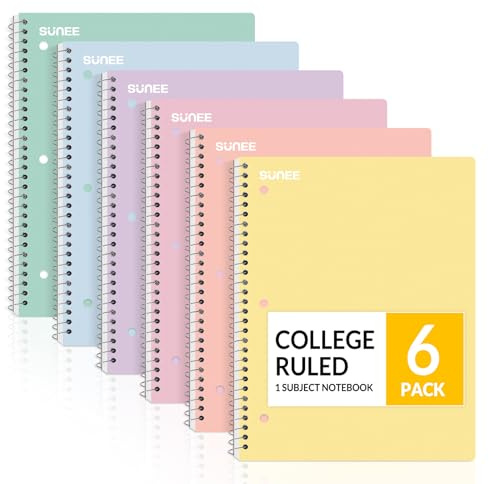 SUNEE Spiral Notebooks, 6 Pack, 1-Subject, College Ruled Paper, 8 x 10-1/2, 70 Sheets per Notebook, Assorted Pastel Colors Spiral Notebooks for School