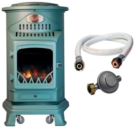 UNIVERSAL - Poêle à gaz Provence 3,4 KW Vert MAT Effet poêle à bois Fonte véritable Chauffage d'appoint + Tuyau gaz et détendeur