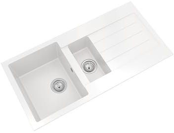 Balterley Composite Kitchen Sink with Drainer & Overflow Hole, 100cm Bowl Inset White Kitchen Sink, 1.5 Double Bowl Reversible Sinks with Grooved Drainer - 1000 x 500 x 200mm (White)