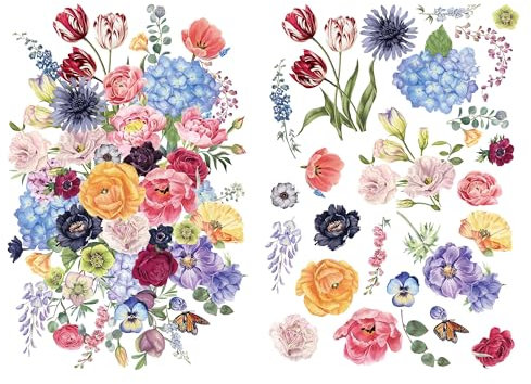 Joeyan Möbel Aufkleber, Blumenstrauß Rub On Sticker transferfolie für Kunsthandwerk, 2 Große Blume 42x30cm, DIY Home Decal auf Holz Glas Metall Porzellan Papier Kunststoff, blühende Blumen