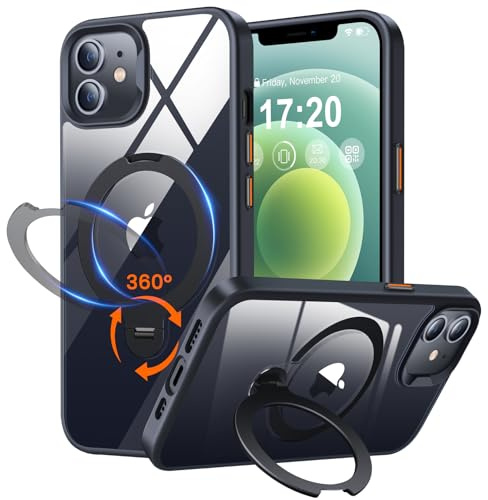 PuyaTeya 360° Drehbarer Magnetischer Ständer für iPhone 12/12 pro Hülle Kompatibel mit Mag-Safe 16FT Military Drop Protection, Anti-Kratzer/Fingerabdruck für iPhone 12/12 pro Handyhülle(Klar-Schwarz)