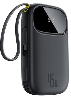 Baseus Powerbank 45W 20000mAh con 2 Cavi USB-C Integrati, Ricarica Rapida Power Bank PD3,0 QC4,0, 3 C 1 A, Caricatore Portatile per iPhone 16/15/14 Pro Max, iPad, Samsung, Nero