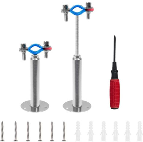 Kodilin 2PCS 304 Stainless Steel Wall Mount Ceiling Mount Pipe Supports,Suitable for OD Pipe 1/4(15-19mm),Adjustable Height 100-200mm,Adjustable Pipe Strap Clamp with Screws