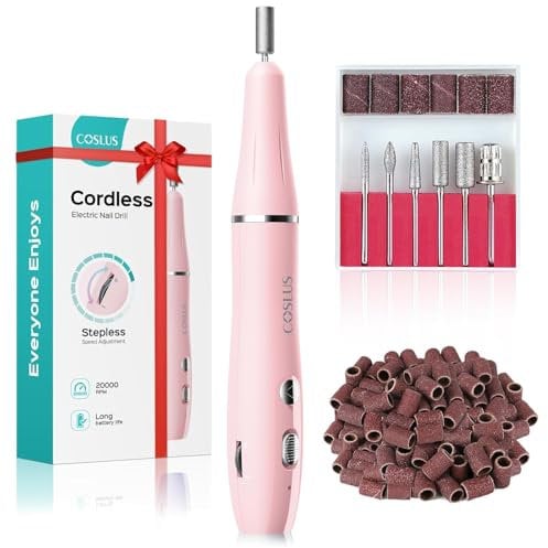 COSLUS Nagelfräser Kabellos Tragbar für Gelnägel: elektrische Nagelfeile stufenloser Geschwindigkeitsregelung für Maniküre Pediküre und Acrylnägel Plastik Nail Drill (Rosa)
