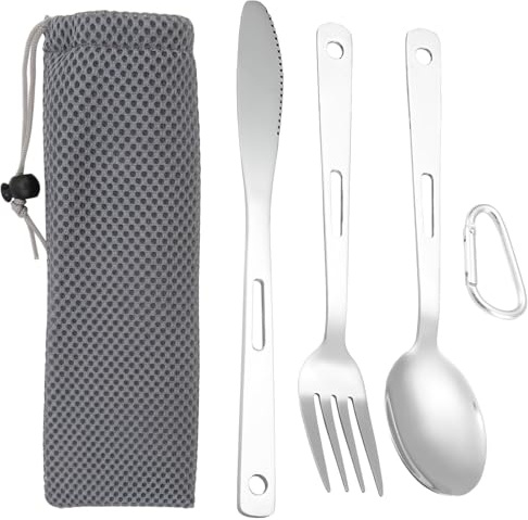 3 Piezas Cubiertos para Llevar Cuchillos Cuchara Tenedores, Couverts de Camping Reutilizable Acero Inoxidable, Portable Tableware Set con Mosquetones Bolsa Almacenamiento para Viajes Picnic Senderismo