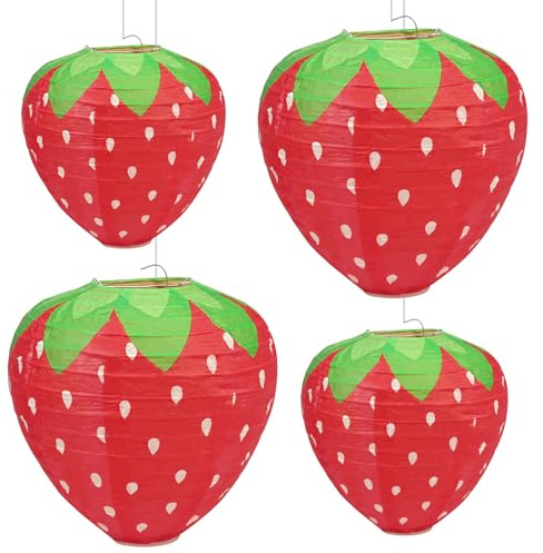 4 Erdbeer Papierlaternen, Erdbeer Deko, Erdbeerform Laternen für Draußen, Dekorative Lampions in Fruchtform für Geburtstage, Hochzeitsfeiern, Gartendekorationen, Kindergarten(20cm, 30cm)