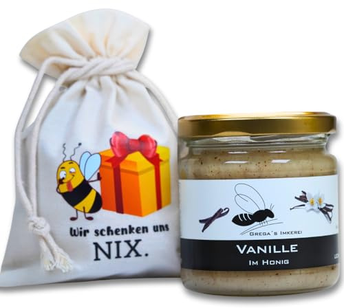 Grega's Imkerei - Honig Geschenkset im Säckchen – Wir schenken uns NIX mit Sorte deiner Wahl Perfekt als Mitbringsel, Abschiedsgeschenk oder Dankschön Geschenk (250 g, Vanille im Honig)