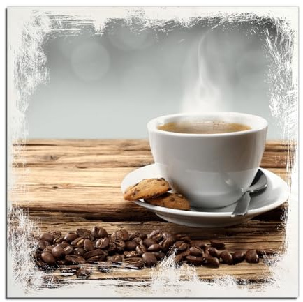 Wallario Wandbild aus Holz Heiße Tasse Kaffee mit Kaffeebohnen - 40 x 40 cm in Premium-Qualität: Brillante Farben