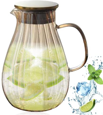Behogan Glaskaraffe mit Deckel: 1.9L Wasserkaraffe aus Borosilikatglas, Hitzebeständig Wasserkrug, Glaskrug mit Griff für kalte Getränke, Saft, Milch, Tee, Wasser (Amber)