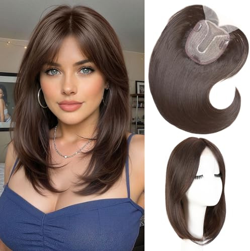 WIGNEE HaarTopper für Frauen Dunkelbraun 14 Zoll Clip-in Haarteil, Spitzenfront Handgeknoteter Synthetikhaar-Topper mit Pony für dünner werdendes graues Haar.