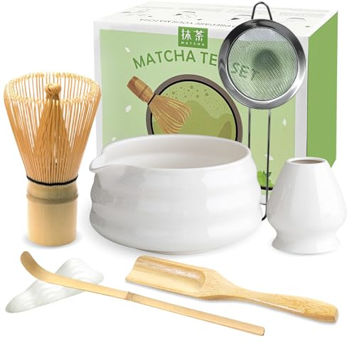 JBER Matcha Set, Matcha Besen Set 7 Teiliges, Geschenk für Matcha Zeremonie | Handgefertigter Bambus Besen mit 100 Zinken, Schale mit Auslauf, Besen-Halter, Sieb, Löffel, Matcha Tee Zubehör - Weiß