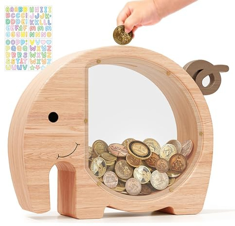 LdawyDE Spardose Kinder, Niedliche Elefanten Sparbüchse aus Holz | Personalisierte Sparkasse für Junge Mädchen, mit Sichtfenster, Robust, für Geburtstag, Kinderzimmer Deko und Geldgeschenk