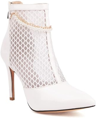Genérico Botines Mujer Blancos De Malla Y Charol, Tacón De Aguja, Punta Fina, Zapatos De Novia con Cadena De Perlas