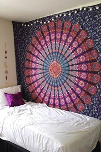 Popular Handicrafts Wandteppich, Wandbehang, Hippie-Mandala, Bohemian-Stil, psychedelisches Design, indische Wandteppiche, Tagesdecke, 215 x 230 cm, Rot/Gelb