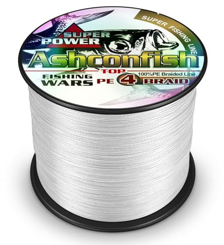 Ashconfish - Filo da pesca intrecciato a 4 fili, super resistente, resistente, per pesca in acqua salata e acqua dolce, resistente all'abrasione, zero stretching, 500 m, 18,1 kg, bianco