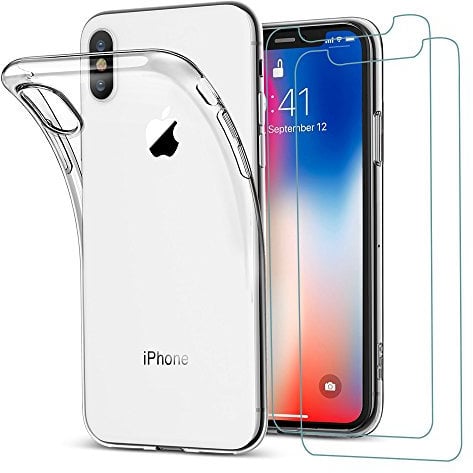 Hülle iPhone XS + Panzerglas Set, [1 Handyhülle+ 2 Panzerglas] Schutzfolie Folie Glas 9H Displayschutzfolie TPU Silikon Case Cover für iPhone XS/X
