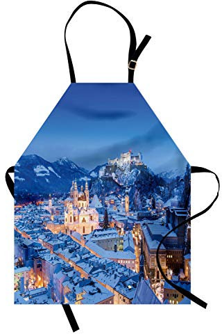 ABAKUHAUS Winter Kochschürze, Ansicht der historischen Stadt von Salzburg mit Festung Hohensalzburg im Winter Österreich, Höhenverstellbar Klare Farben ohne verblassen, Blau Weiß