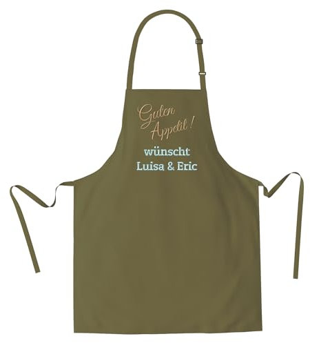Wolimbo Kochschürze mit Namen - olive - Grillschürze Küchenschürze personalisiert mit verstellbarem Nackenband - Schürze selbst gestalten mit Motiv