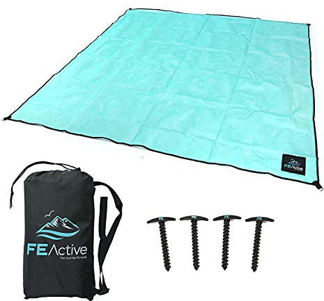 FE Active - Extra große Anti-Sand-Stranddecke. Kompakte sandabweisende Decke mit sandabweisender Strandtasche. Ideal für Strand, Picknickmatte, Camping, Yoga, 2 x 2 m. | In Kalifornien, USA entworfen