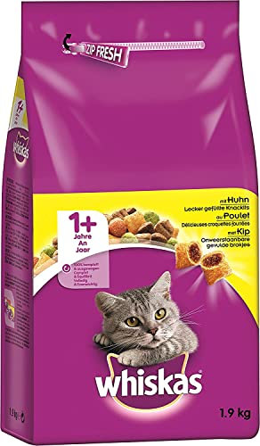 Whiskas Adult 1+ Trockenfutter Huhn, 2x1,9kg - Katzentrockenfutter für erwachsene Katzen - unterschiedliche Produktverpackungen erhältlich