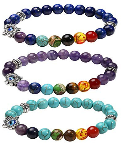 Manfnee 3Pcs 7 Chakra Bracelet de Pierre Guérison Yoga Extensible Élastique Femme Homme Multicouleur