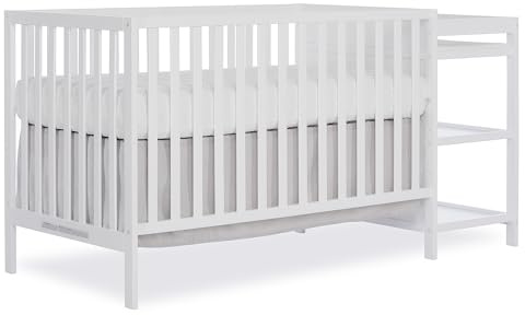 Dream On Me Synergy 3-in-1 Convertible Full-Size Baby Crib & Changer, White, Open Storage, GreenGuard Gold & JPMA, Pinewood, Converts to Day & Toddler Bed, 4 Mattress Heights, 1″ Changing Pad,