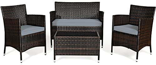 COSTWAY 4-teiliges Gartenmöbel Set, Polyrattan Balkonmöbel Set mit Sitzkissen, Rattan Sitzgarnitur für 4 Personen, Terrassenmöbel Sitzgruppe für Garten, Terrasse, Balkon (Grau)