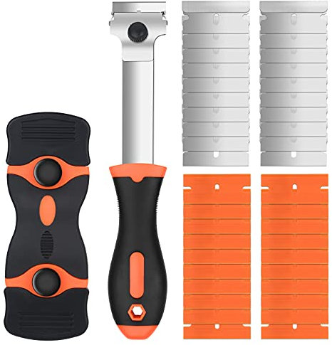 Flintronic Raschietto, 2 Raschietti in Vetroceramica a Manico Lungo, Incluse 20 Lame di Ricambio per Raschietto, Raschietto Multiuso per la Pulizia per Raschiare Etichette e Decalcomanie