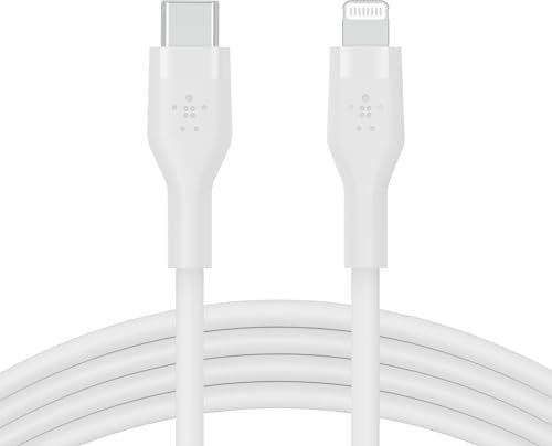 Belkin BoostCharge Flex Silicone USB Type C to Lightning Cable (1M/3.3FT), MFi Certified 20W Fast Charging PD Power Delivery for iPhone 14/14 Plus, 13, 12, Pro, Max, Mini, SE, iPad and More - White