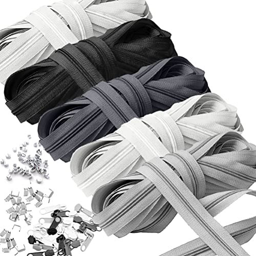 Reißverschluss Endlos, ARPDJK 5 Stücke 2.5M x 2.5CM Nylon Endlosreissverschluss mit Zipper Reparatur Zubehör, Spiralförmig Teilbar Reissverschluss - Weiß, Schwarz, Dunkelgrau, Hellgrau