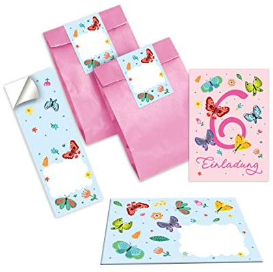 Junapack 12 Einladungskarten zum 6. Kindergeburtstag sechste Geburtstag Mädchen Schmetterlinge incl. 12 Umschläge, 12 Tüten/rosa, 12 Aufkleber