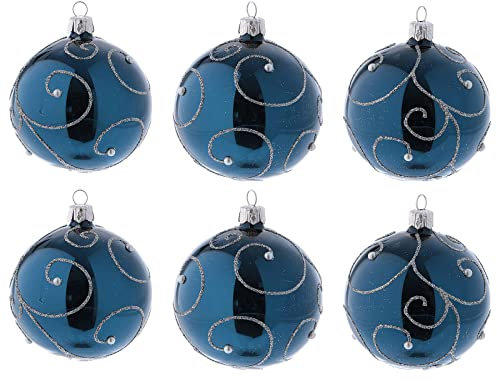 Holyart Weihnachtskugeln aus Glas 6er-Set Grundton Blau mit silbernen Verzierungen Glitter 80 mm