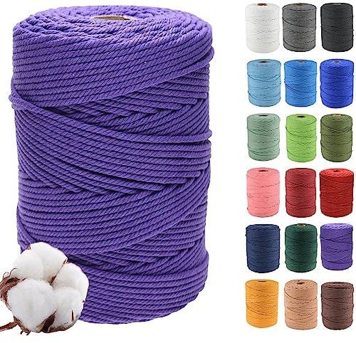 4 mm x 300 m Cordon en Coton macramé Doux, 4 brins torsadés Coton Naturel pour Suspension Murale, Bricolage, Artisanat, Tricot, projets de décoration,Violet foncé