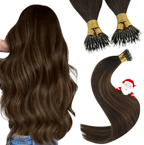 YoungSee Nanoring Extensions Ombre 50cm Nanoring Extensions Echthaar Braun Ombre Mittelbraun Nano Ring Hair Extensions Balayage Nano Beads Hair Extensions 50g Nano Ringe Haare 1g/s #2/2/6