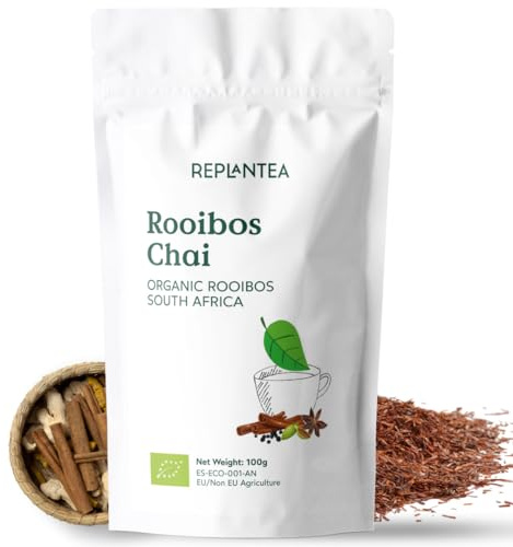 Rooibos Chai Tea Organic 100g (50 Cups) | Loose Leaf Rooibos Tea with Ginger, Cinnamom, Anis, Cardamom, Clove, Fennel, Black Pepper REPLANTEA