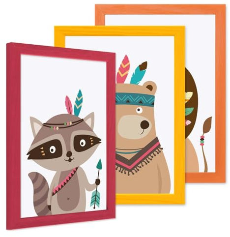 PHOTOLINI Bilderrahmen Kinderzimmer A4 21x30 cm Rot Gelb Orange, 3er Set Wechselrahmen farbig, Holz, Acrylglas, Made in Germany, zum Aufhängen, mit Zubehör - für bunte Kinderbilder